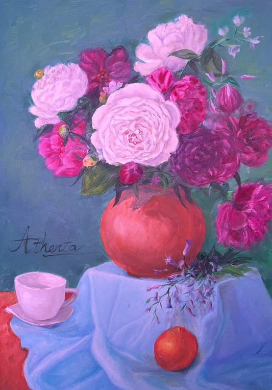 Elegant Peonies & Roses Art Print – Large Floral Still Life High-quality Giclée Reproduction from Original Oil Painting (8x10 20x28 24x36 and MORE Sizes)