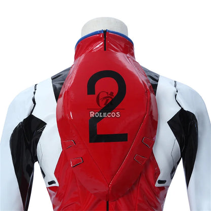 Back view of Asuka Langley Soryu cosplay costume featuring a glossy red design and number 2