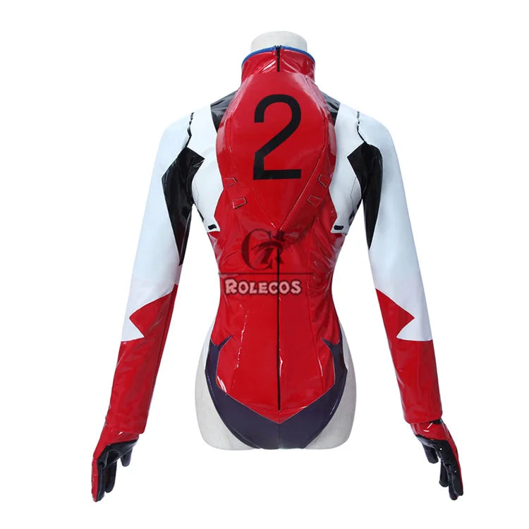 Back view of the Asuka Langley Soryu cosplay costume featuring a red and black design with number 2
