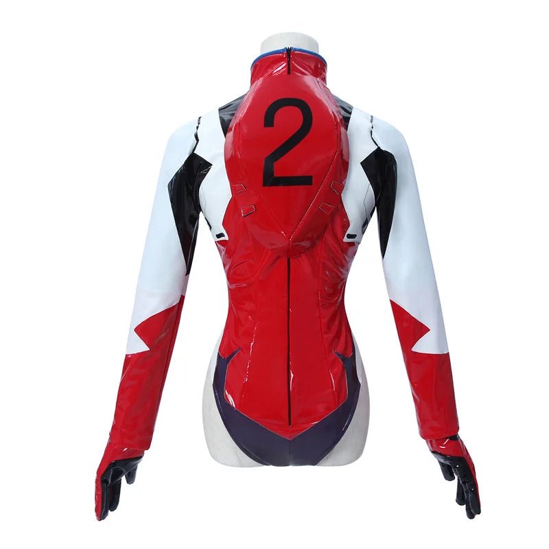 Asuka Langley Soryu cosplay costume with vibrant red, white, and black design featuring number 2