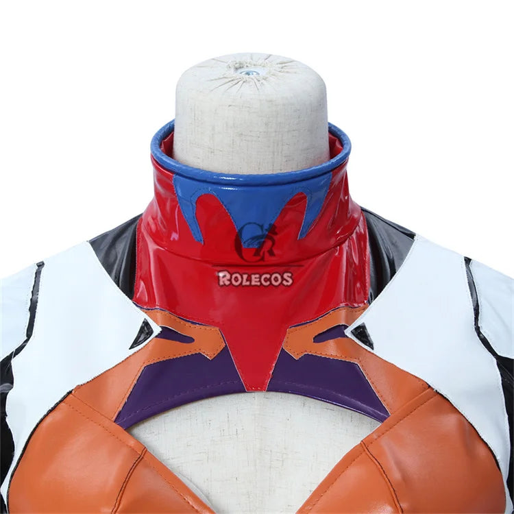 Close-up of Asuka Langley Soryu cosplay costume collar with vibrant colors and detailed design
