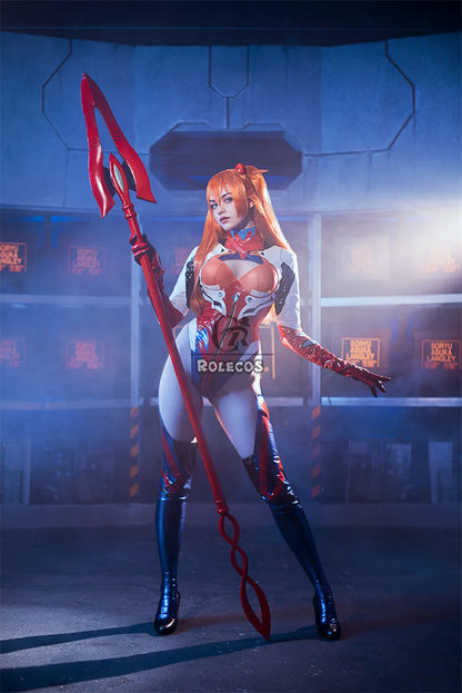 EtherealBe Asuka Langley Soryu cosplay costume with vibrant colors and a detailed spear accessory