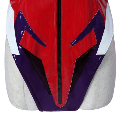 Asuka Langley Soryu cosplay costume featuring a red and purple design with striking details