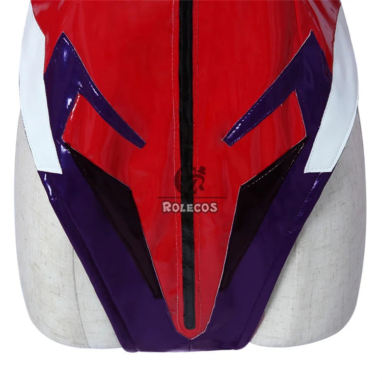EtherealBe Asuka Langley Soryu cosplay costume featuring a vibrant red and purple design with detailed stitching