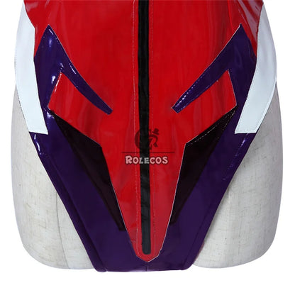 EtherealBe Asuka Langley Soryu cosplay costume featuring a vibrant red and purple design with detailed stitching