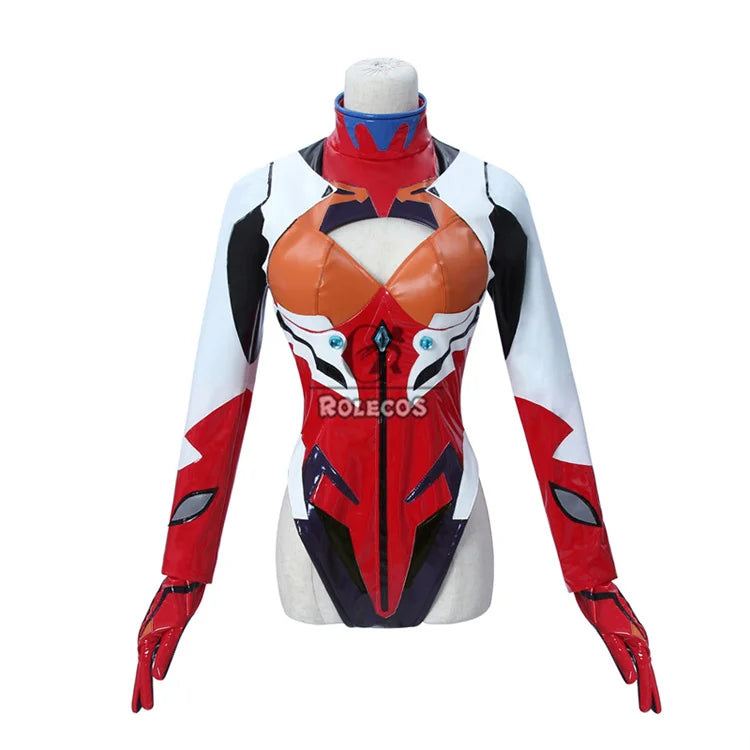 EtherealBe Asuka Langley Soryu cosplay costume featuring vibrant red and white design with gloves