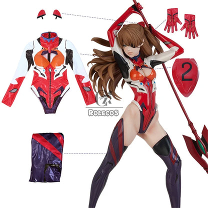 Asuka Langley Soryu cosplay costume set featuring red and white bodysuit, gloves, and hair accessories