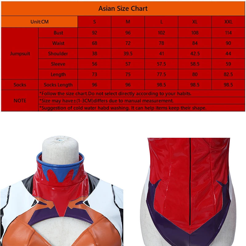 Asuka Langley Soryu cosplay costume with detailed size chart for accurate fitting options