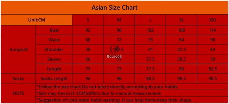 Asian size chart for EtherealBe Asuka Langley Soryu cosplay costume including bust, waist, shoulder, and length