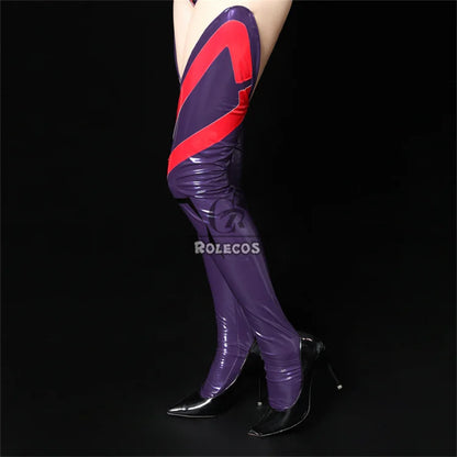 EtherealBe Asuka Langley Soryu cosplay costume featuring glossy purple thigh-highs with red accents