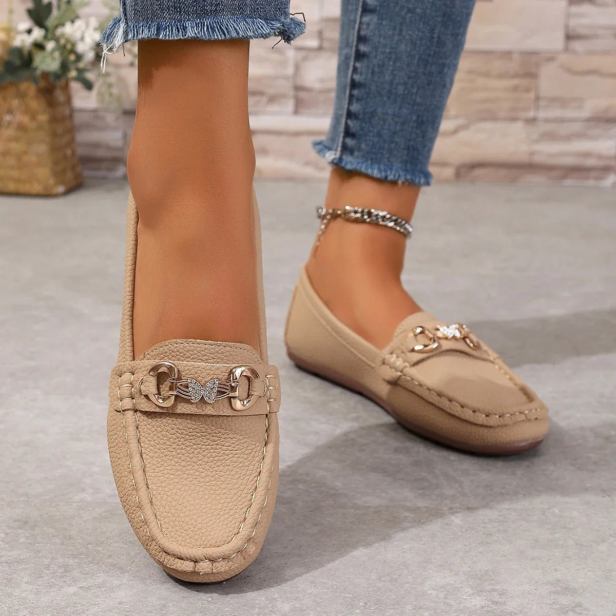 EtherealBe women's slip on Mary Jane shoes in beige with decorative chain detail for stylish comfort