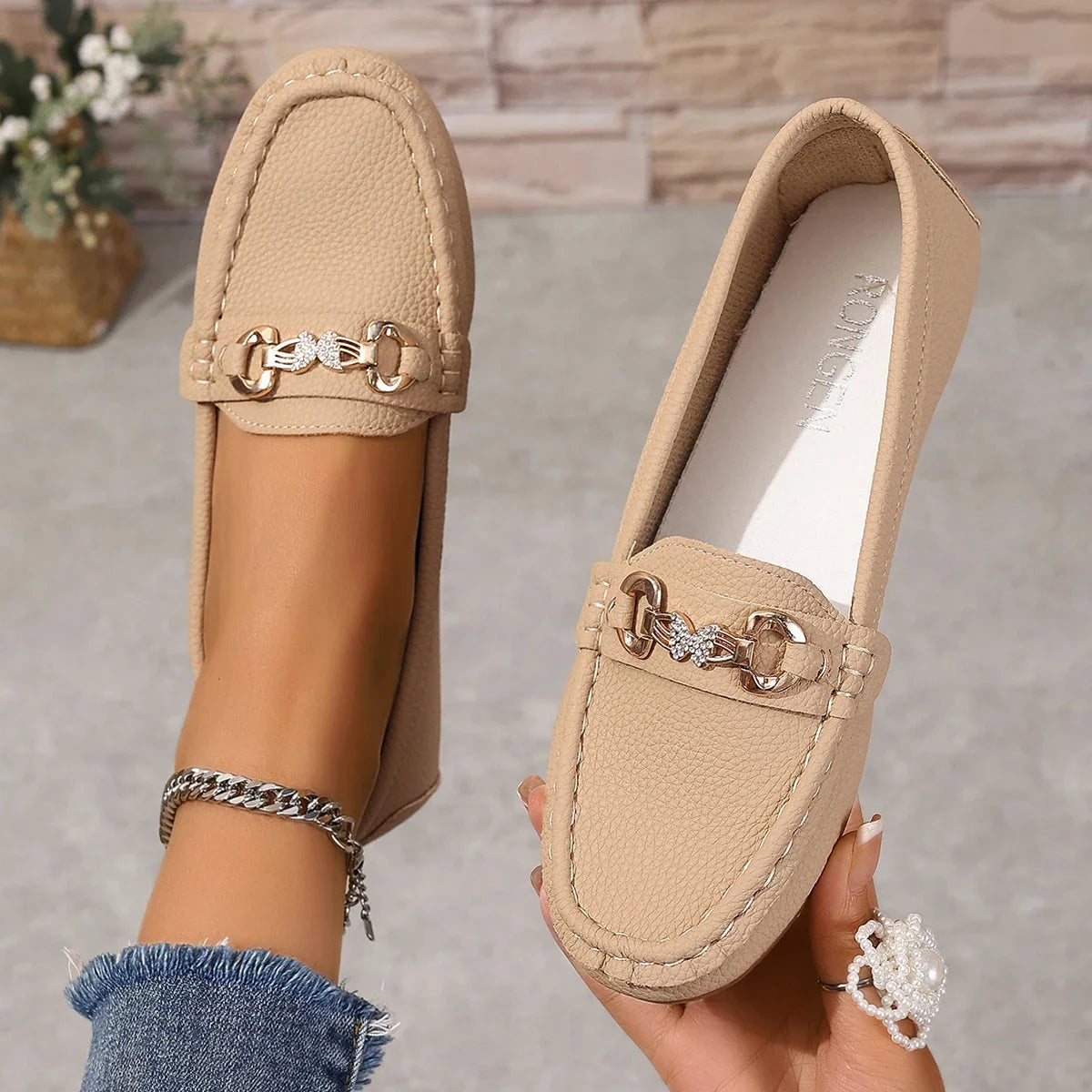 EtherealBe women's slip on Mary Jane shoes in beige with decorative chain detail and comfortable fit