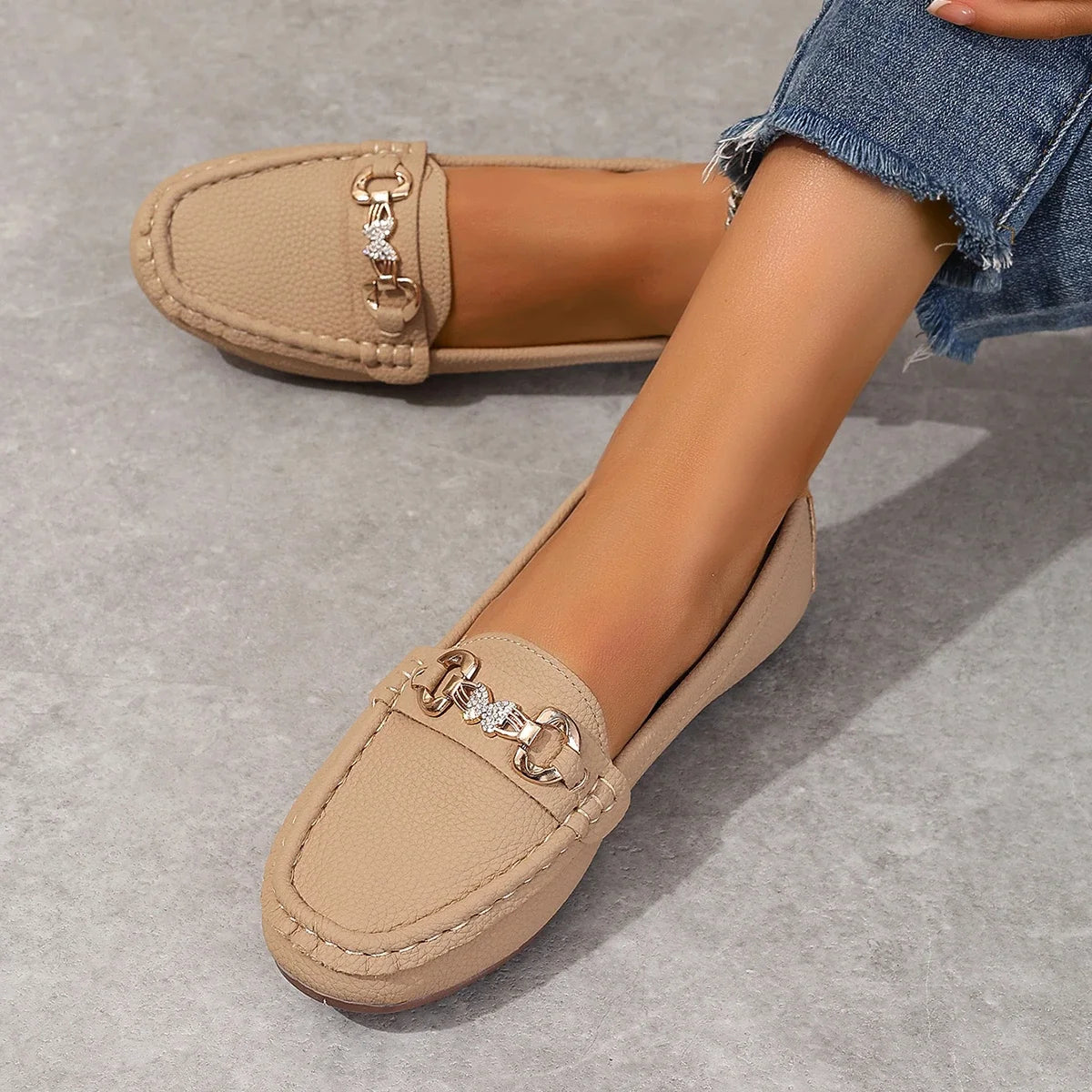 EtherealBe women's slip on Mary Jane shoes in beige with decorative buckle detail for comfortable wear