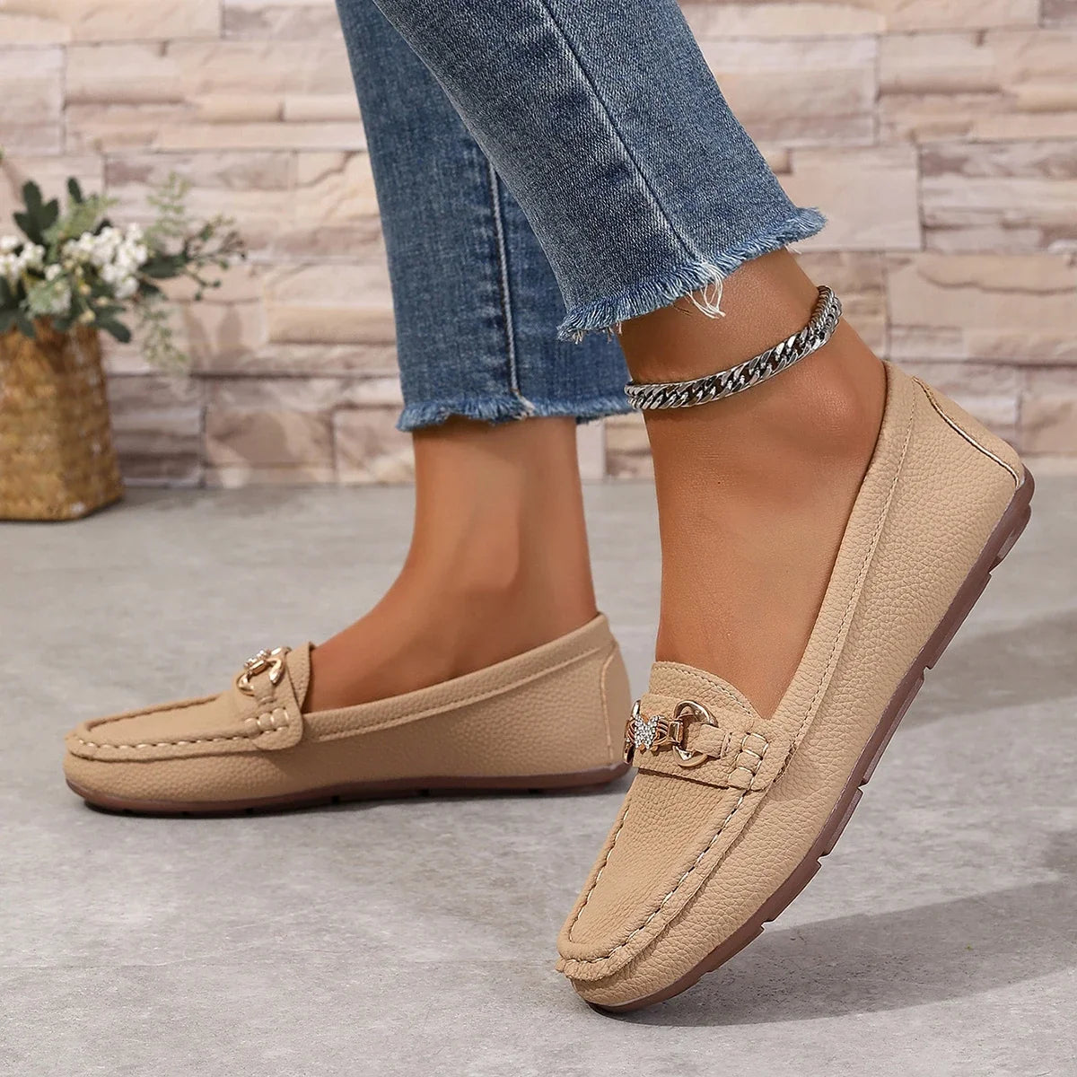 Stylish women's slip on Mary Jane shoes in beige with decorative stitching and comfortable fit
