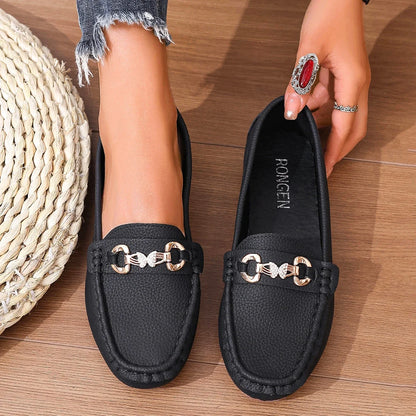 Stylish women's slip on Mary Jane shoes in black with decorative chain detail for effortless comfort