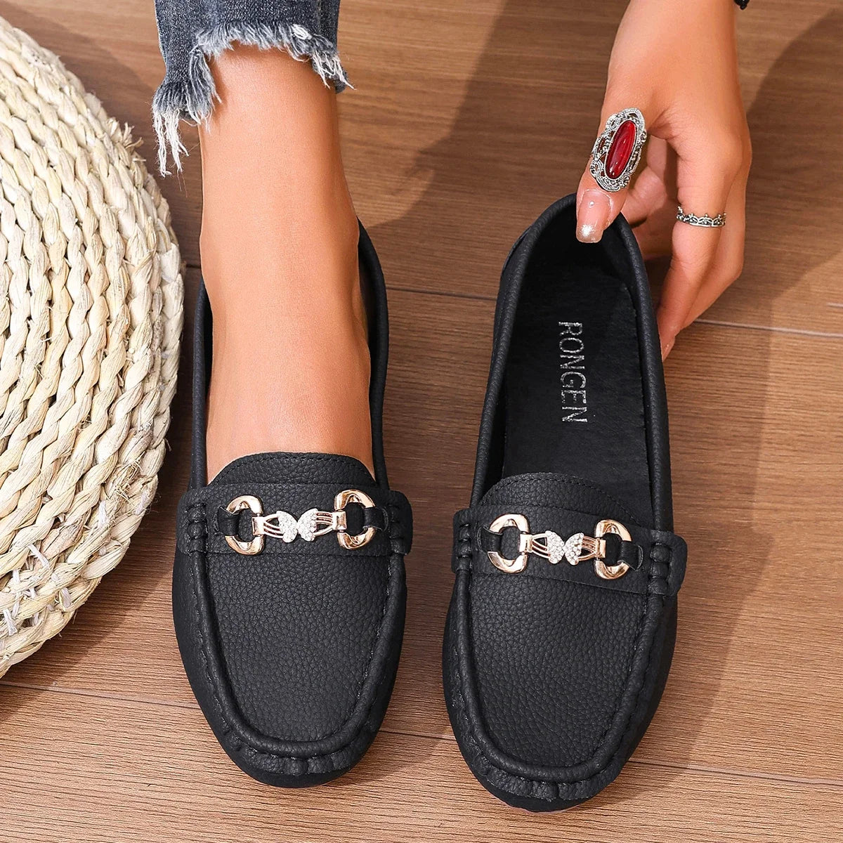 EtherealBe women's slip on Mary Jane shoes in black with decorative buckle detail for casual comfort