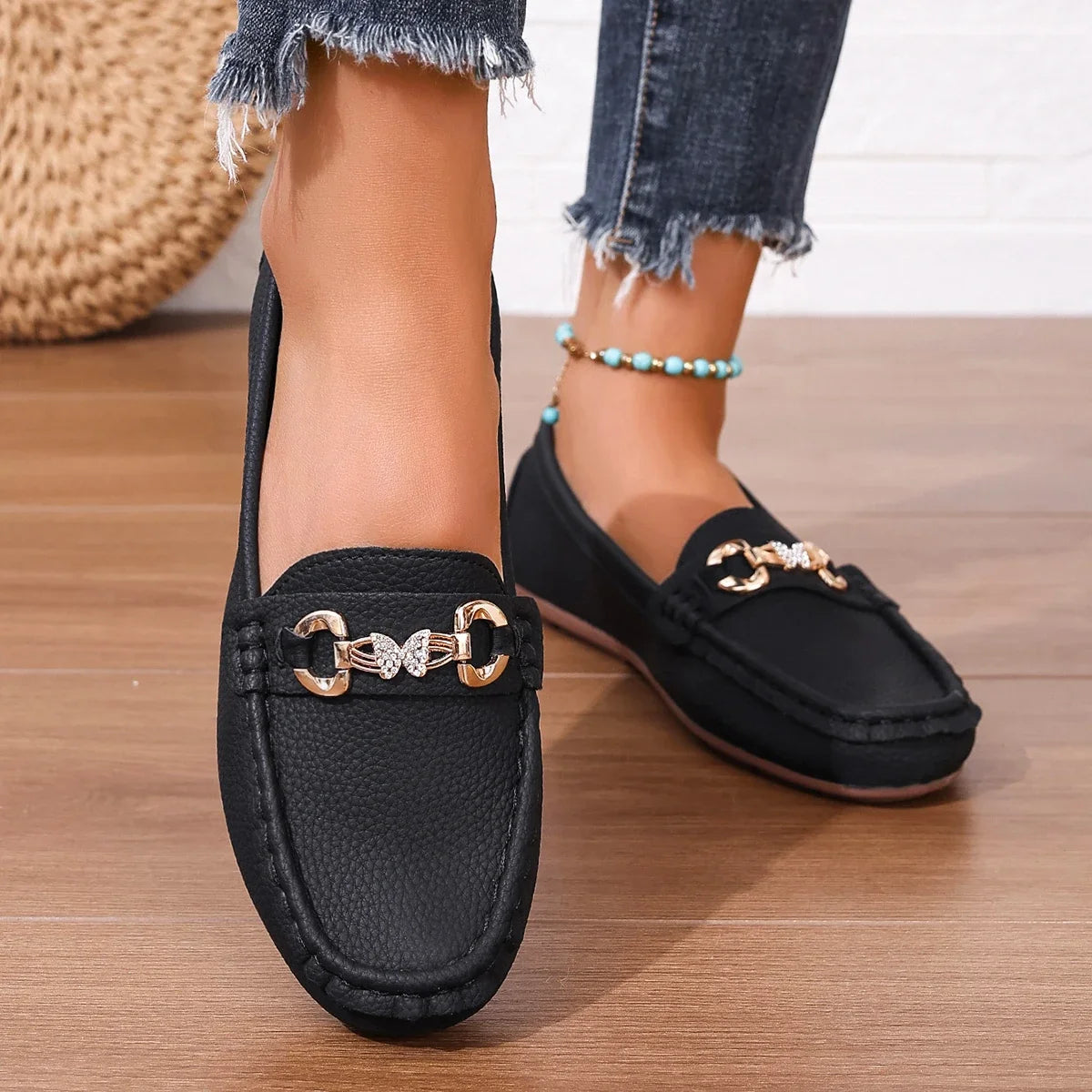 EtherealBe women's slip on Mary Jane shoes in black with decorative gold buckle for stylish comfort