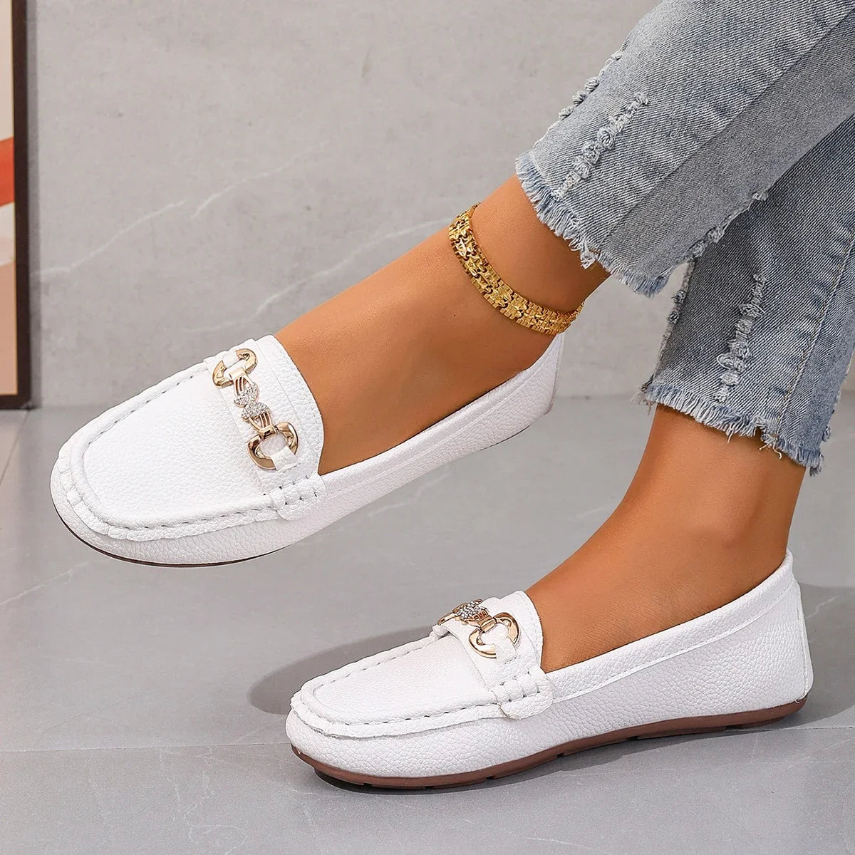 EtherealBe women's slip on Mary Jane shoes in white with stylish gold chain detail