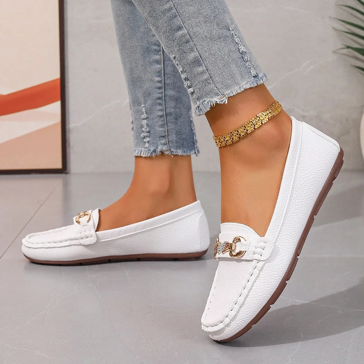 EtherealBe women's slip on Mary Jane shoes in white with stylish chain decoration for casual comfort