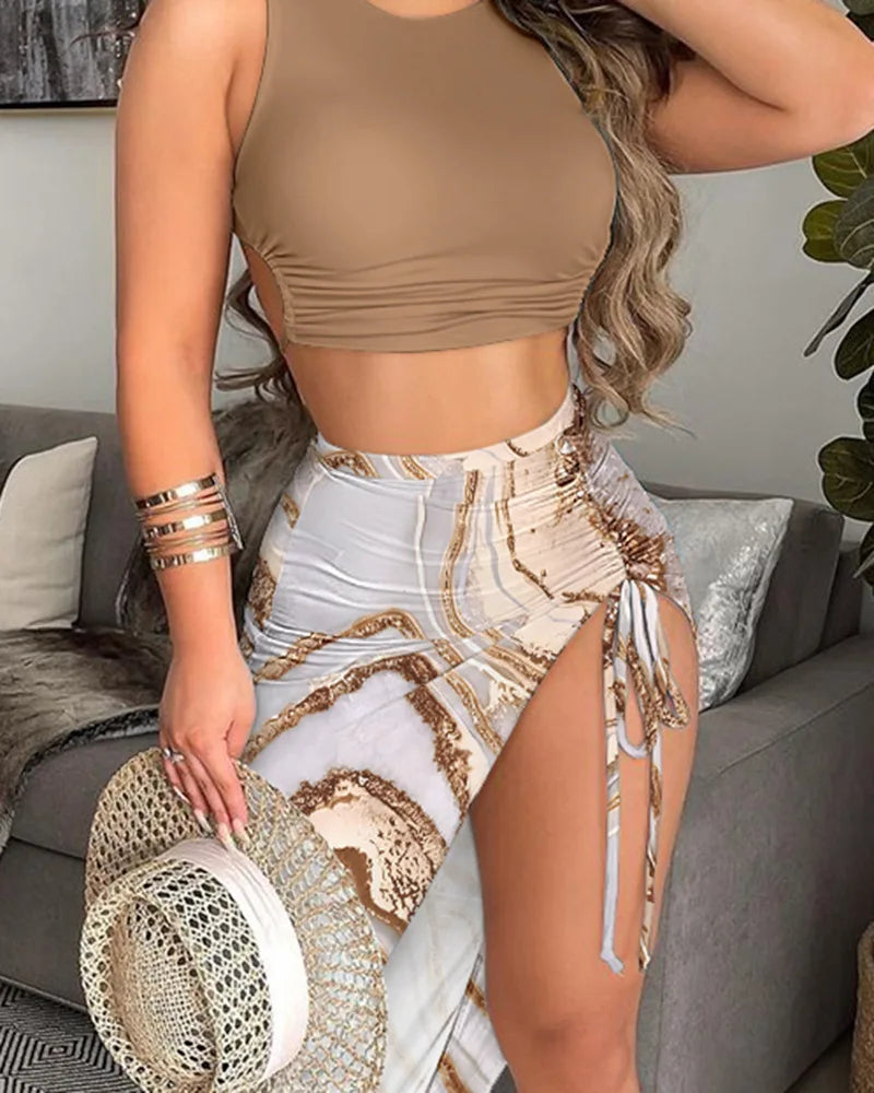 Stylish ruched drawstring skirt and top set with a trendy design for a chic summer look