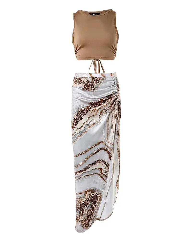EtherealBe ruched drawstring skirt and top set in a stylish marble print for a chic summer look