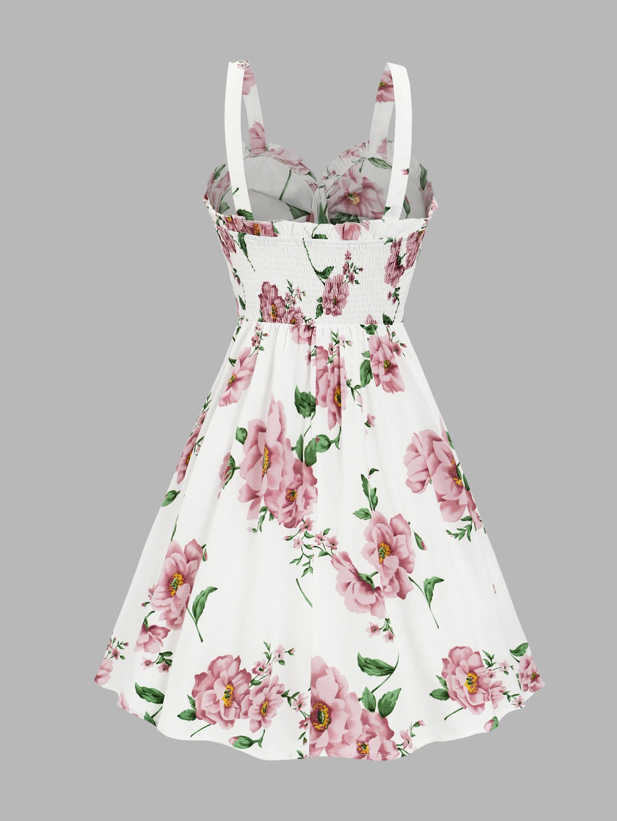 EtherealBe ruffled bowknot mini summer dress in white with floral pattern and adjustable straps