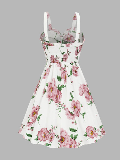 EtherealBe ruffled bowknot mini summer dress in white with floral pattern and adjustable straps