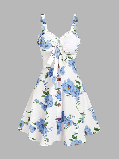 EtherealBe ruffled bowknot mini summer dress with floral pattern and adjustable straps