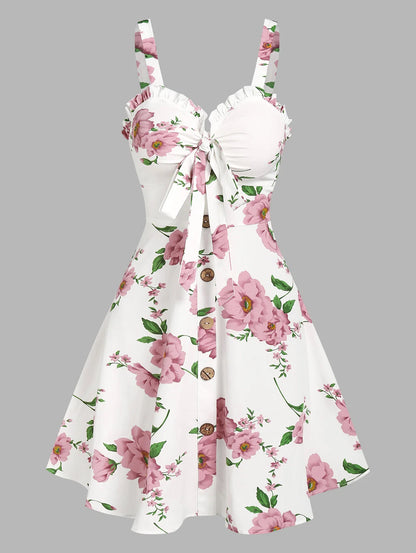 EtherealBe ruffled bowknot mini summer dress with floral design and button details