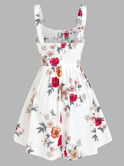 EtherealBe ruffled bowknot mini summer dress in floral print, featuring adjustable straps and a flared skirt