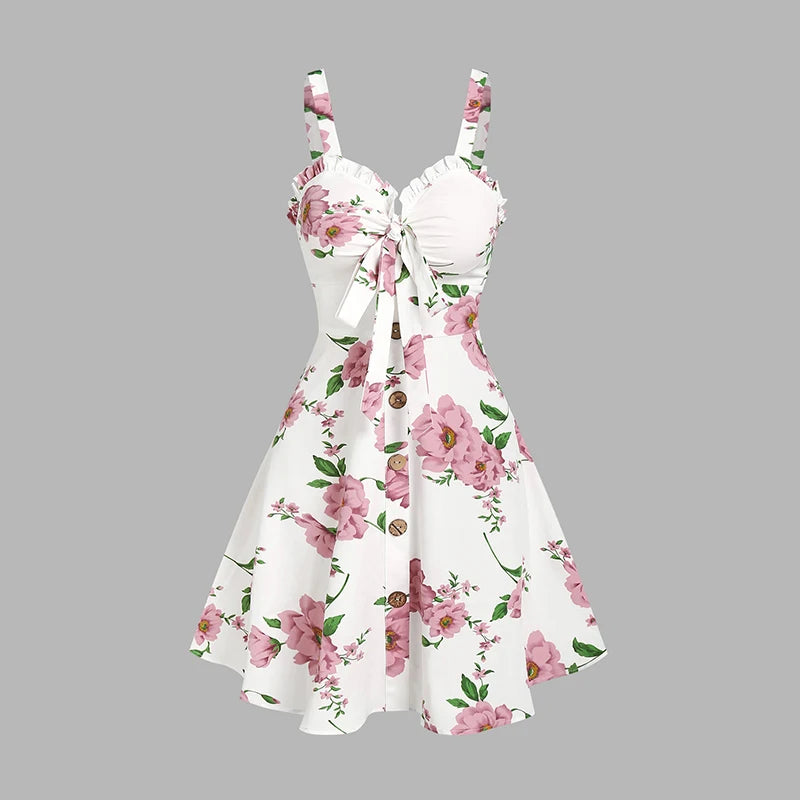 EtherealBe ruffled bowknot mini summer dress in white with pink floral print and adjustable straps