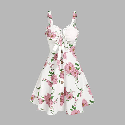 EtherealBe ruffled bowknot mini summer dress in white with pink floral print and adjustable straps