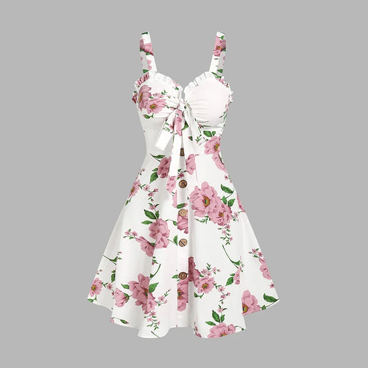 EtherealBe ruffled bowknot mini summer dress in white with pink floral print and adjustable straps