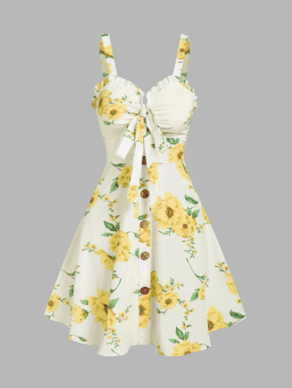 EtherealBe ruffled bowknot mini summer dress in floral print with buttons and adjustable straps