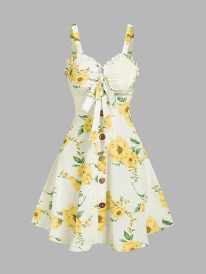 EtherealBe ruffled bowknot mini summer dress in floral print with buttons and adjustable straps