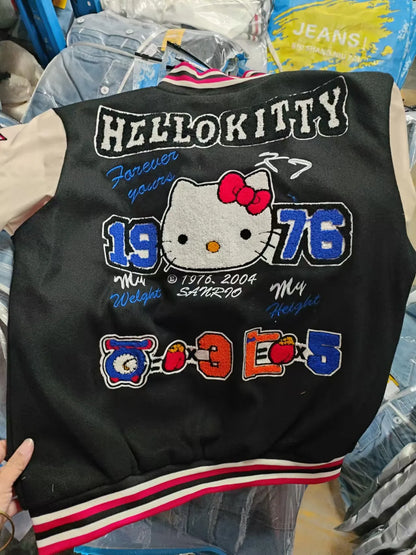 Hello Kitty baseball jacket black varsity style back view with large embroidered Hello Kitty 1976 patches