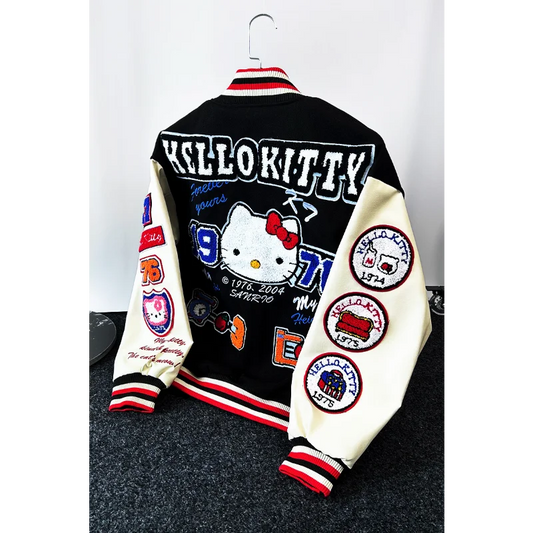 Black and cream varsity jacket with embroidered Hello Kitty patches red striped collar and cuffs Hello Kitty baseball jacket