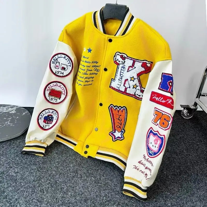 EtherealBe yellow and white varsity style Hello Kitty baseball jacket with embroidered patches and snap front
