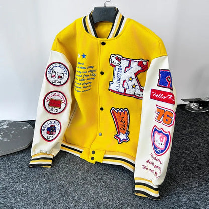 Yellow and white embroidered Hello Kitty baseball jacket varsity style with patches striped cuffs and buttons