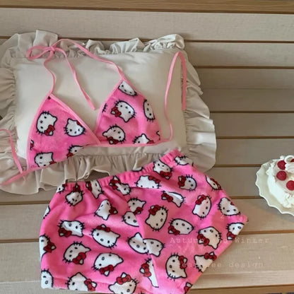 Ladies Hello Kitty bra and shorts sleepwear set pink fleece triangle bra top with elastic waist shorts