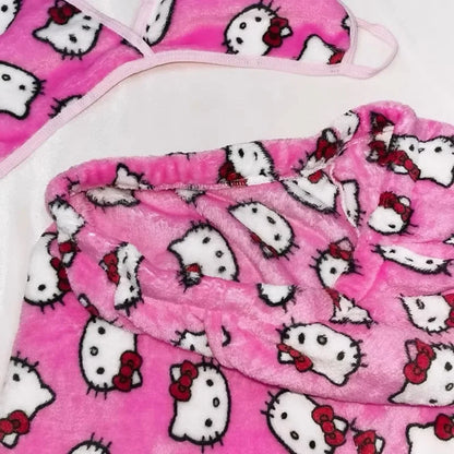 EtherealBe Ladies Hello Kitty bra and shorts sleepwear. Pink plush bra and elastic waist shorts with Hello Kitty faces