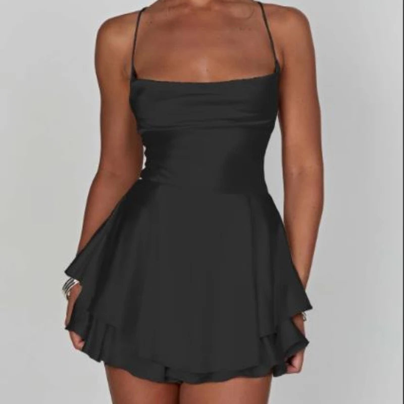 EtherealBe Satin Silk Backless Cami Romper in Black with Flowy Skirt and Adjustable Straps