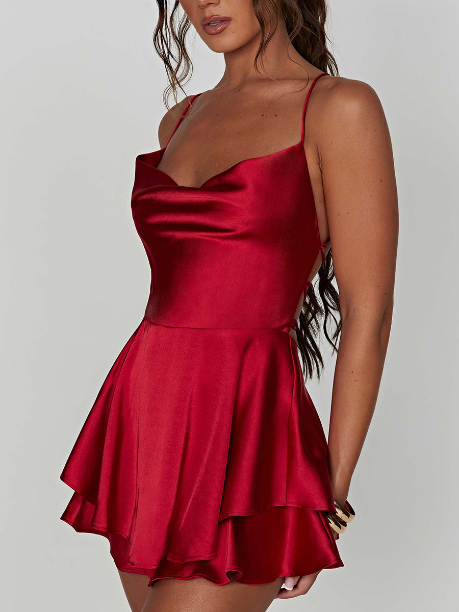 EtherealBe satin silk backless cami romper in red with flared skirt and spaghetti straps