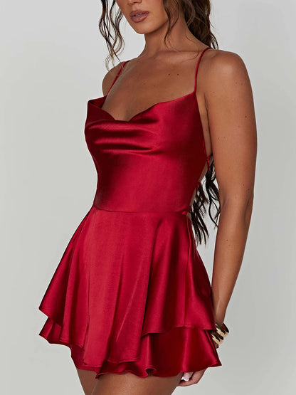 EtherealBe satin silk backless cami romper in red with a flared skirt and adjustable straps