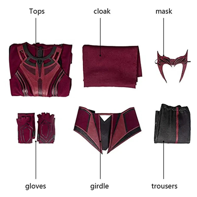 EtherealBe Scarlet Witch Wanda Vision Halloween cosplay costume including tops, cloak, mask, gloves, girdle, and trousers