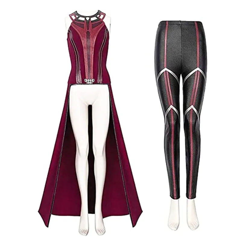 Scarlet Witch Wanda Vision Halloween cosplay costume featuring a stylish cape and fitted leggings