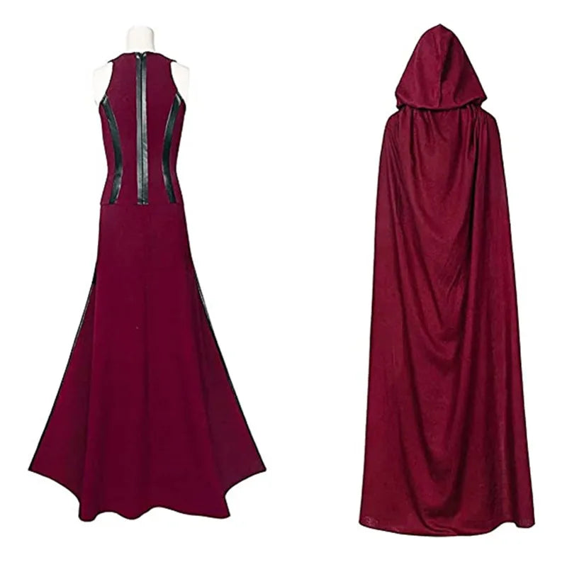 Scarlet Witch Wanda Vision Halloween cosplay costume featuring a stylish hooded design in deep red