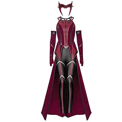 Scarlet Witch Wanda Vision Halloween cosplay costume featuring a red and black design with cape and headpiece