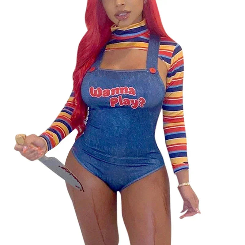 EtherealBe scary chucky doll Halloween outfit featuring a denim bodysuit with red accents and a knife prop