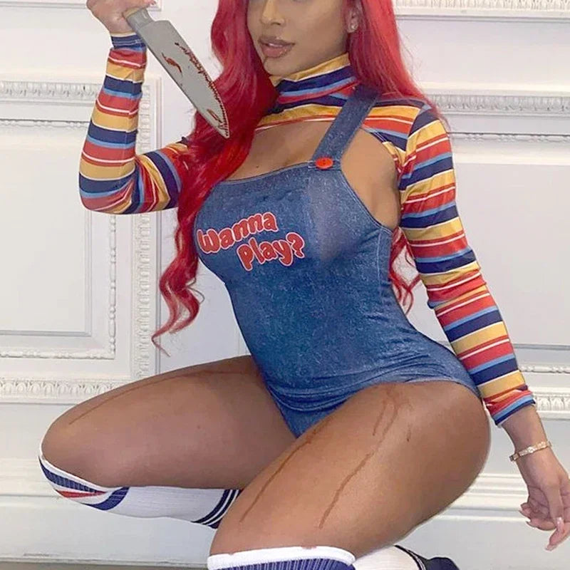 EtherealBe scary chucky doll Halloween outfit featuring striped top and denim overall dress
